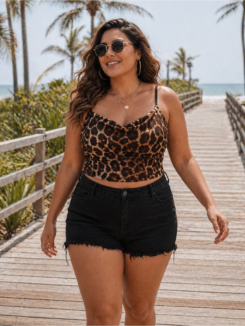 SHEIN Leopard Print Brown Ruched Cowl Crop Top